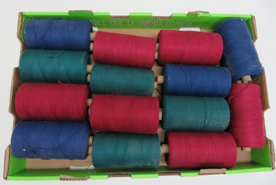 14 carpet warp spools, blue, green and reds, 6" tall