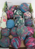 18 Patterned rag balls and floral print material, about 4 1/2