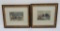 Two antique colored wood engravings, buffalo, bear and settlers