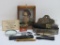 Mens lot with wax figure, comb box, Schaefer pen and pencil set, tooth powder bottle, razor