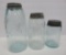 Three aqua Mason Jars, 1/2 gallon, quart and pint