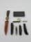 Six vintage pocket knives and honing stone