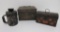 Three tin pieces, boxes and bank