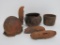 South American pottery artifacts, paint pots and footed bowl