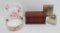 Dresser lot with Swiss Dresser clock and red and white china