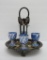 Silver plate soft boiled egg set, blue willow egg cups and silver plate spoons