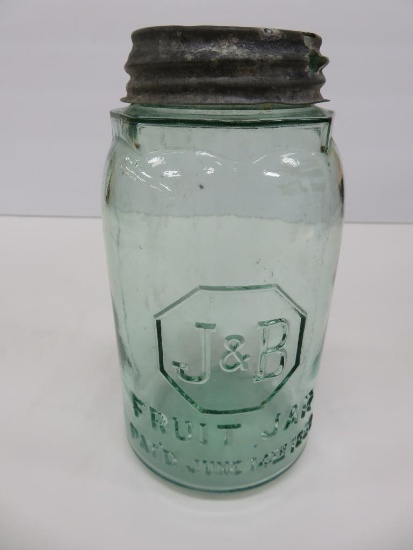 J & B Fruit Jar, aqua, June 14th, 1898, quart jar