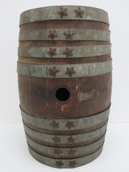 Wooden keg with star studs, 17" tall, 10" diameter, oak