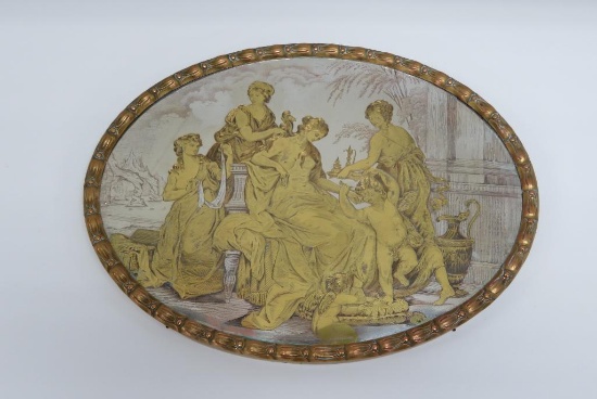 Ornate English brass plaque with cherubs and woman, marked Moseley England on frame