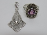 Filigree pendant and amethyst colored and marcasite ring size 8.5