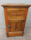 Nice Oak lift top single door ice box and Ice sign