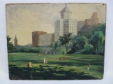 Cityscape and park painting, signed Gregory, somewhat impressionistic style