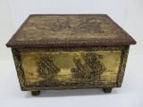 Decorative metal covered box, sailing ships, tinder box