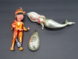 Davy Crockett and Mermaid hand blown ornaments, collectible and vintage