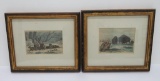 Two antique colored wood engravings, buffalo, bear and settlers