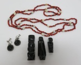 Mexican jewelry, sterling earrings, obsidian type pendants, and beads