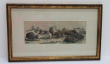 Native American colored engraving, Buffalo hunt, H Leutman