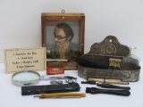 Mens lot with wax figure, comb box, Schaefer pen and pencil set, tooth powder bottle, razor