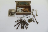 Large lot of early skeleton keys and escutcheons, metal and porcelain