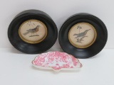 Two bird colored engravings and bird bone dish