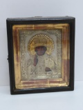 Lovely Russian Icon, metal overlay in shadow box case, 8 1/2