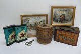 Tobacco tins, cigar cutter, humidor and trade cards