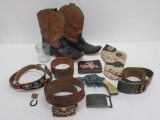 Western lot with boots, belts, buckles, and wallet