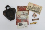 Chore Boy Engine advertising card, 1919 Crane Co tray, Farm hand pin and Henney Moline Plow tag