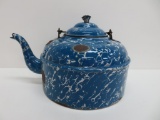 Goose neck graniteware tea kettle blue mottled, robin egg, 9