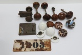 Unusual porcelain and earthenware door knobs and metal house number