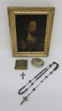 Religious Icon, painted on metal, brass and rosary