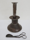 Early adjustable tinware candle holder and wick cutter, 9 1/2