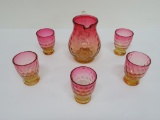Amberina pitcher and five glasses