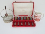 Set of Sheffield berry spoons, Royal Crown Red Aves pitcher and condiment bowl