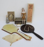 Vanity lot with mirrors, dresser box, fan and mannikan doll