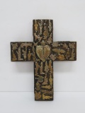 South American religious icon, wood with metal charms, 7 1/2