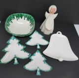 MCM Ceramic Christmas lot, bowl, tree and bell dishes, angel