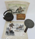 Oriental lot with metal teapot, puzzle box and satin art