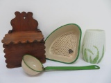 Vintage Kitchen items, wood box, enamelware and corn jar