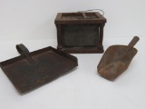 Pierced tin bed warmer and vintage metal scoops