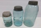 Three Swayzee Canning Jars, blue, 1/2 gallon, quart and pint
