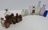 17 vintage medicine bottles, amber, clear and cobalt, 1 1/2