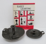 Two early tin candle holders and Early Lighting reference book