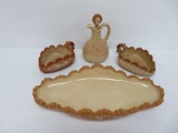 Greentown chocolate slag nappy dishes, large relish and cruet