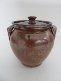 Nice Redware covered jar, high glass finish, 6 1/2