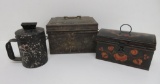 Three tin pieces, boxes and bank