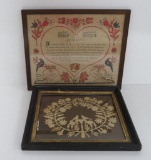 Two early paper pictures, period framed, Scherenschnitte and hand colored