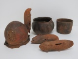 South American pottery artifacts, paint pots and footed bowl