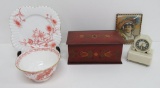 Dresser lot with Swiss Dresser clock and red and white china