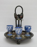 Silver plate soft boiled egg set, blue willow egg cups and silver plate spoons